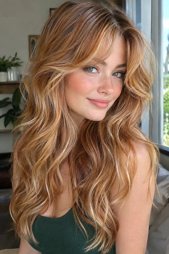Long strawberry blonde hairstyle with soft curtain bangs and layered waves on a young woman, featuring golden blonde, honey, peach, and copper highlights in natural window light.