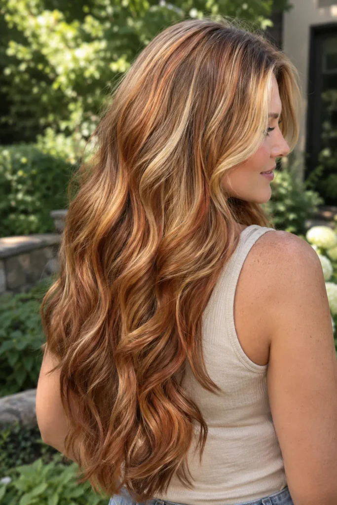 young woman with long layered honey-copper strawberry blonde waves, featuring warm honey blonde, rich copper, golden and amber highlights, photographed from a three-quarter rear angle outdoors.