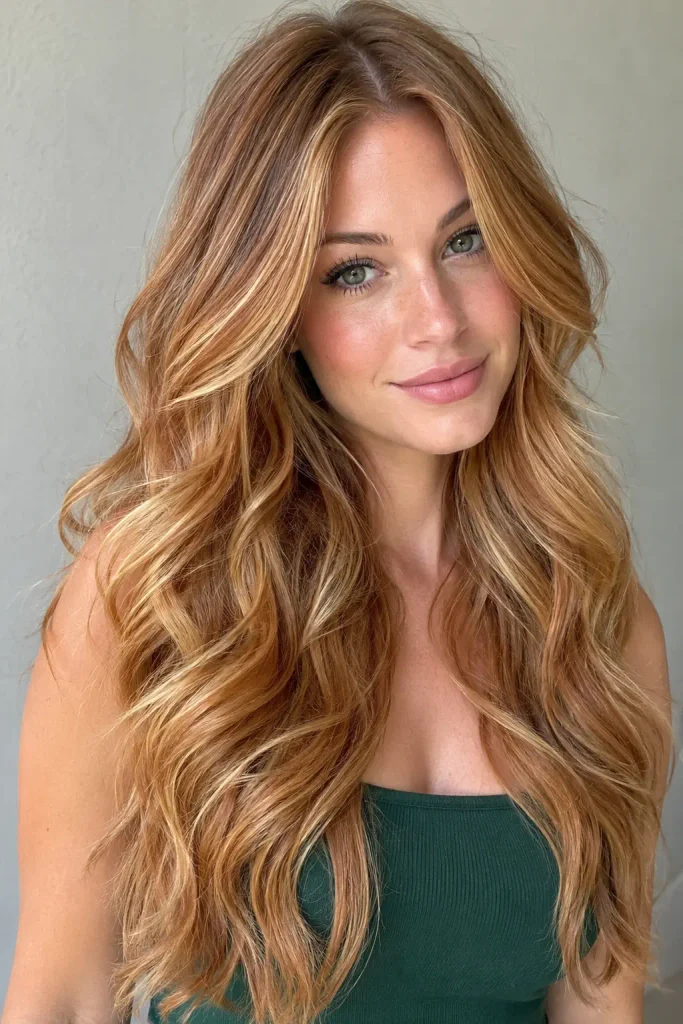 Photorealistic young woman with long wavy strawberry blonde hair featuring honey-gold highlights, subtle copper ribbons, darker roots, and soft face-framing layers, wearing a fitted emerald-green sleeveless top.