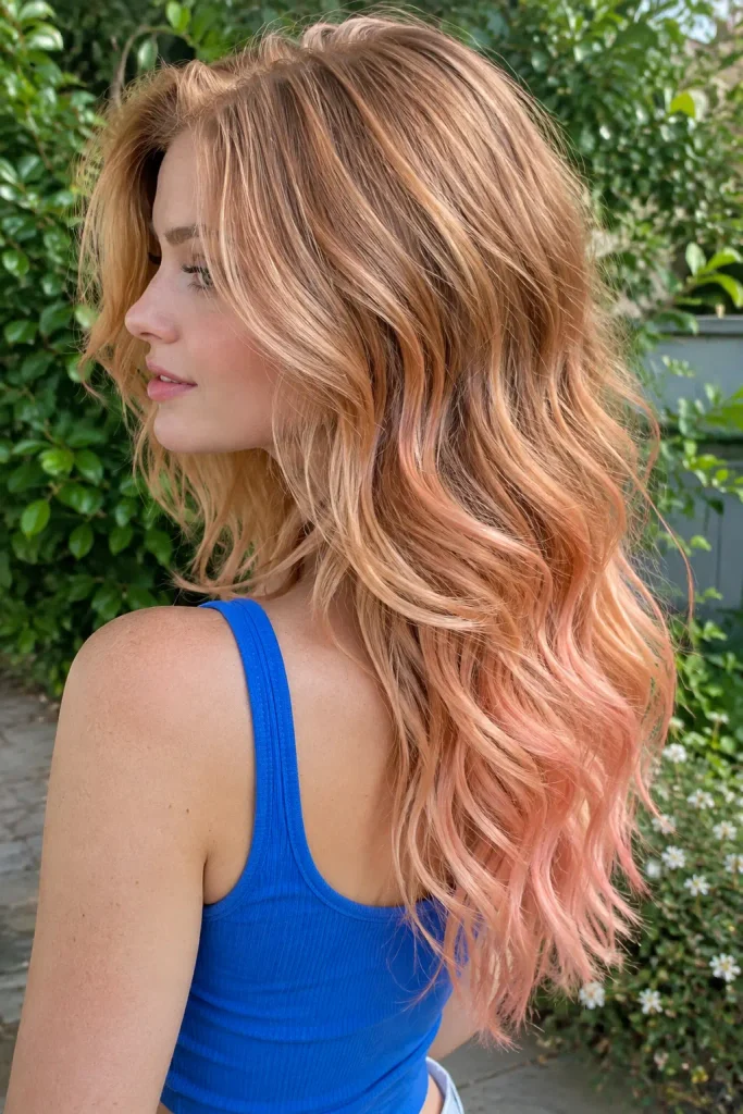 Young woman with medium-long strawberry blonde hair fading into soft peach ends, styled in loose waves, photographed outdoors in natural light.