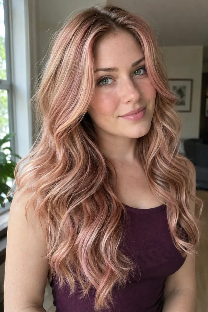 young woman with long layered rose-gold strawberry blonde waves, darker natural roots, and soft copper, peach, and dusty rose highlights, wearing a dark plum sleeveless top.