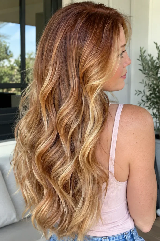 Strawberry blonde long layered waves with auburn roots and golden-blonde lengths, shown from a rear three-quarter view.