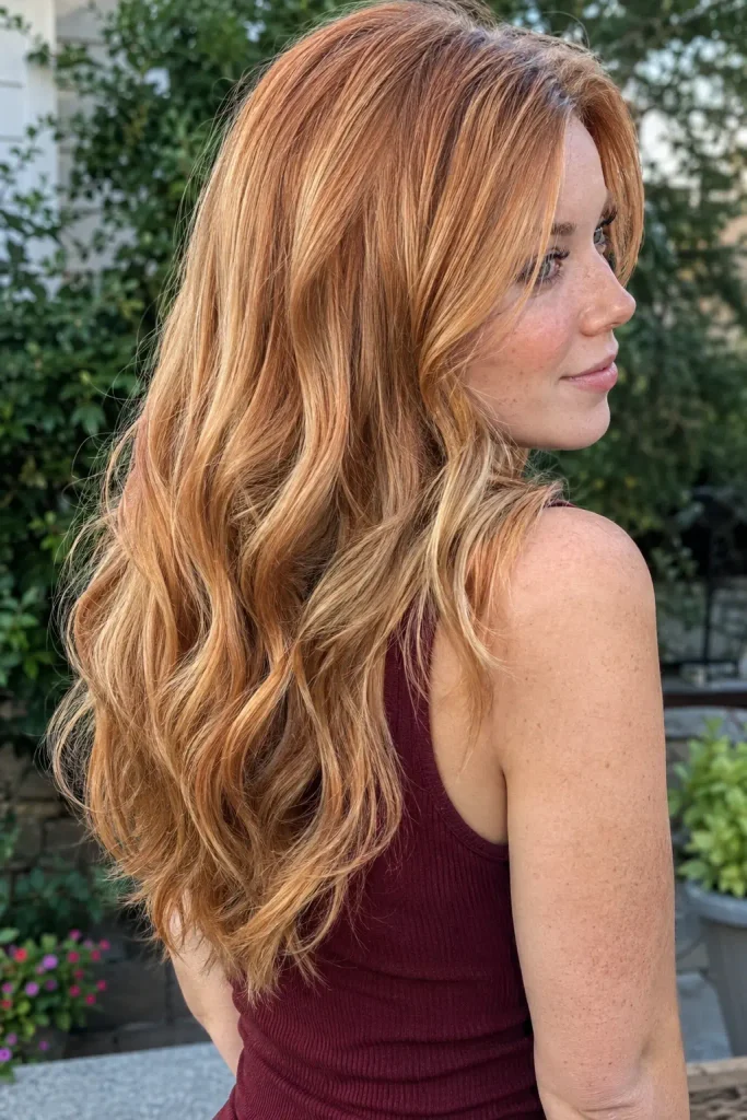 young woman with medium-long strawberry blonde hair featuring subtle copper, honey, and golden-blonde highlights styled in loose layered waves.