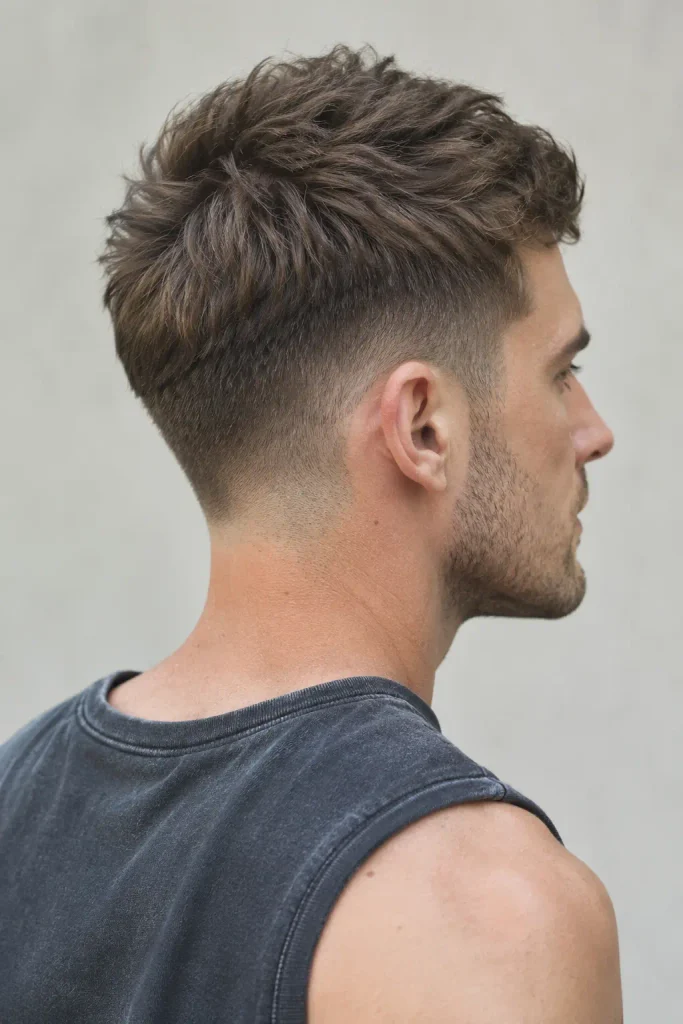 white man with short textured ash brown hair and a precise taper fade, viewed from a rear three-quarter angle in natural light.
