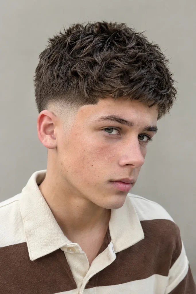 Teenage boy with a textured crop and taper fade haircut, featuring a natural line-up, tapered temples, and clean neckline.