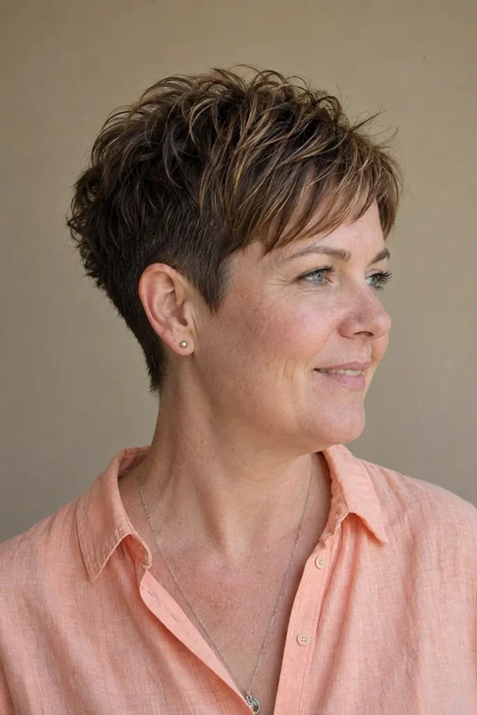 a white woman in her early 40s with a round face and chic tapered crop haircut, featuring closely tapered sides and nape, a softly voluminous textured crown, and natural piecey definition. She wears a peach linen shirt against a neutral beige background in natural daylight.