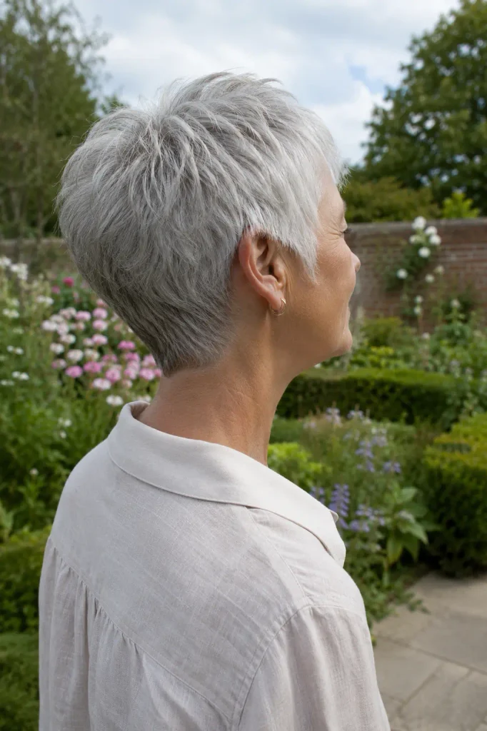 Silver-haired woman around 65 with a tapered nape pixie haircut, softly textured crown, and natural lift, standing in an English garden wearing a pale cream linen blouse.