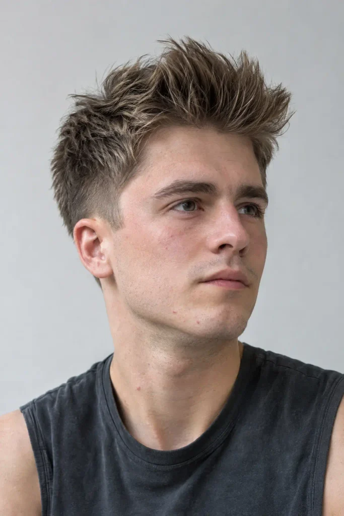 Young white man with straight light-brown tapered brush-up hairstyle and textured lifted top, photographed from a three-quarter angle in a charcoal sleeveless shirt.