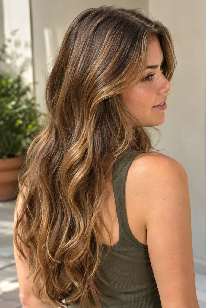 young woman with long teak-brown wavy hair featuring warm golden-brown and honey-amber highlights, viewed from the rear three-quarter angle in natural daylight.