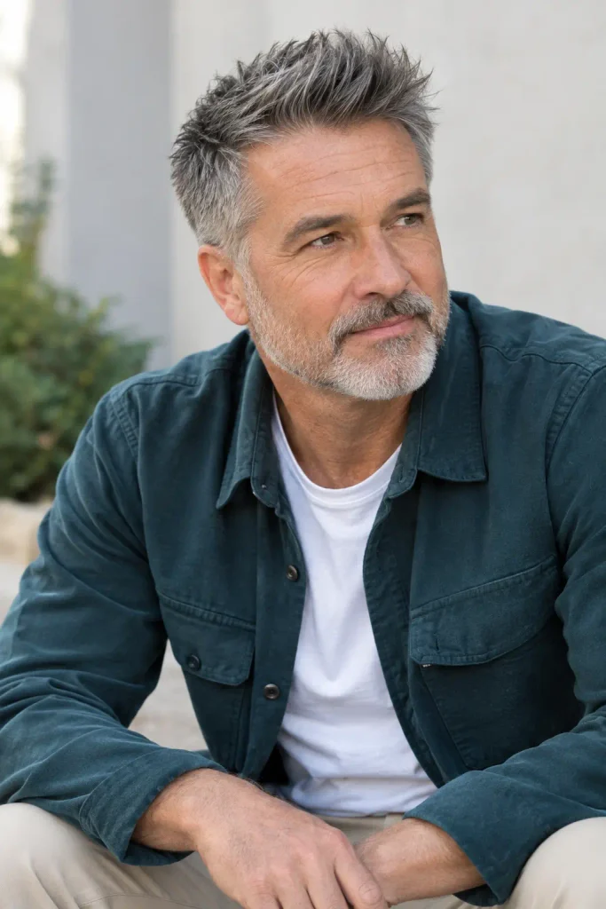 Textured brush-up hairstyle within modern Hairstyles for Men Over 60.