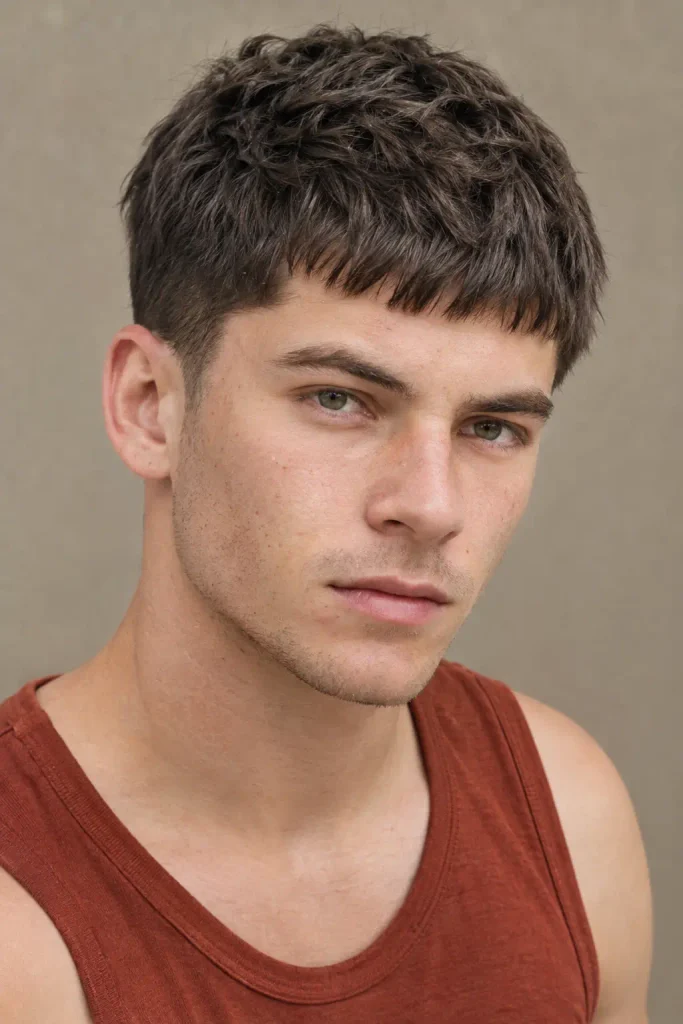 young white man with dark brown textured Caesar haircut, short forward fringe, tapered sides, and natural skin texture, wearing a rust-colored sleeveless top against a taupe background.