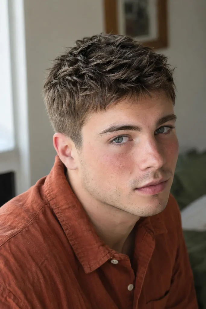 young white man with a textured crew cut featuring short choppy layers, separated strands, and controlled short sides, wearing a rust-colored cotton button-up shirt in soft natural window light.