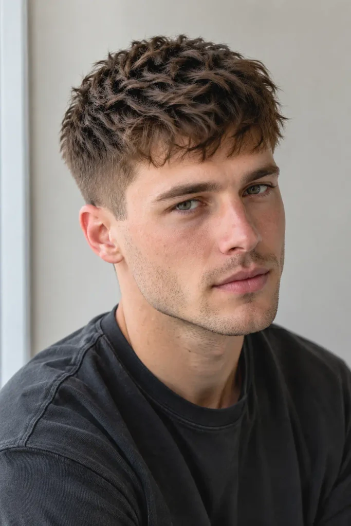 young white man with a short textured crop haircut, choppy layered medium brown hair, softly tapered sides, and natural flyaways in a vertical portrait.