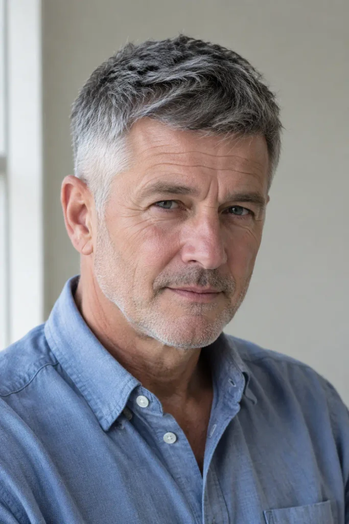 Older man with a textured salt-and-pepper crop haircut, tapered sides, and natural mature features.