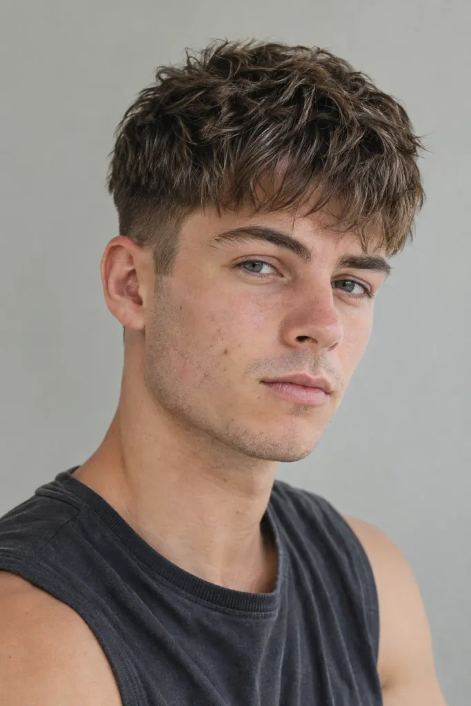 Young white man with medium-brown textured crop haircut, short forward fringe, and neat low taper, shown in a close-up three-quarter portrait wearing a charcoal sleeveless top.