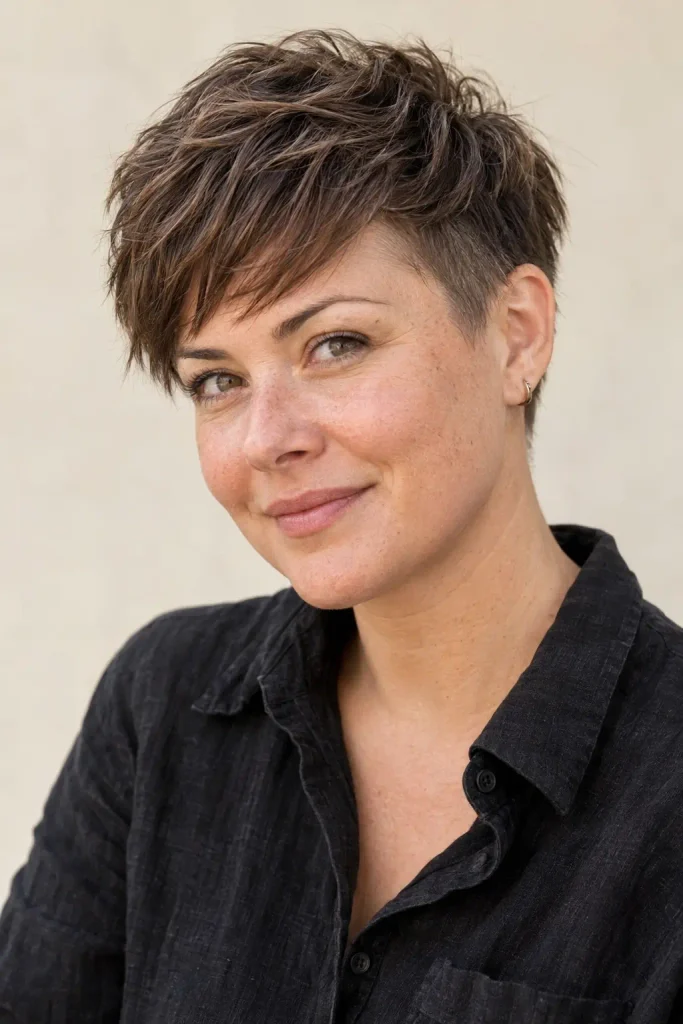 white woman in her 30s with a round face and textured French crop haircut featuring a short broken fringe, tapered sides, and softly lifted top, wearing a black linen shirt against a simple cream background.