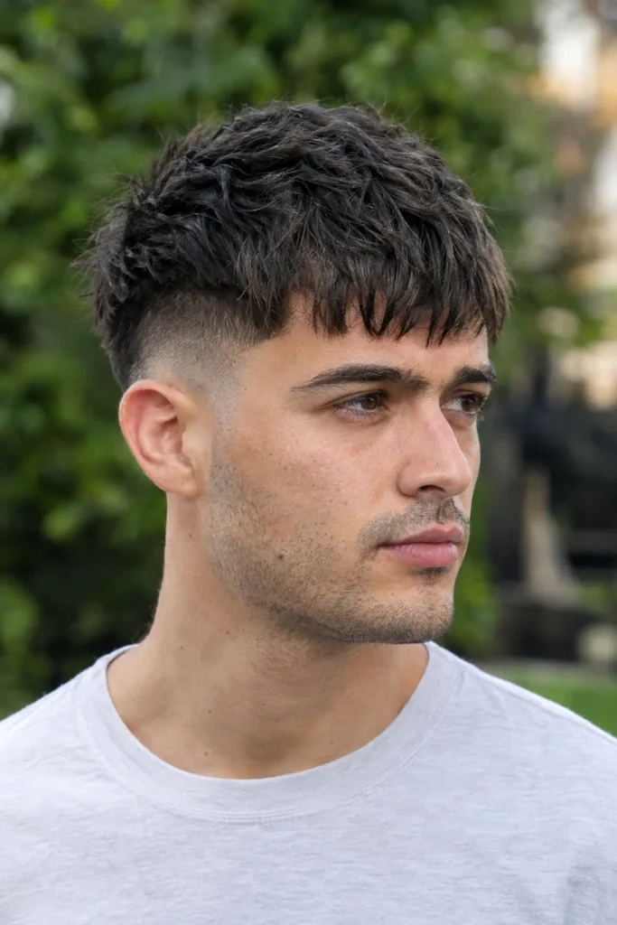 Young white man with black textured French crop fade haircut and choppy forward fringe, photographed outdoors in natural daylight.