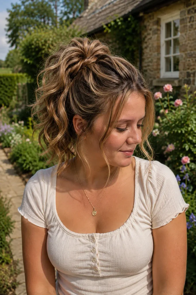 Young English woman with a textured high ponytail in a sunny English cottage garden.