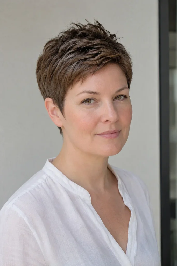 A real white woman in her 30s with a round face wearing a chic textured  pixie haircut with tapered sides, choppy crown layers, and soft volume, styled with a lightweight linen blouse in natural daylight.