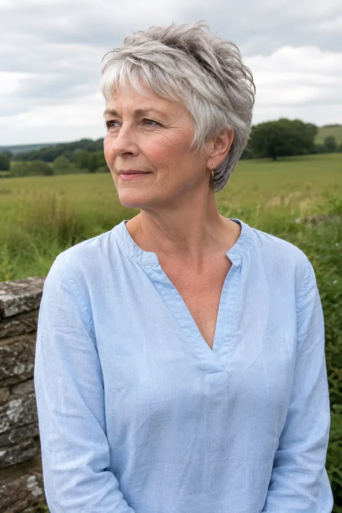 a 63-year-old white woman with fine silver-gray hair in a short textured crop, softly tapered sides, airy crown volume, wearing a pale blue linen blouse in the English countryside.