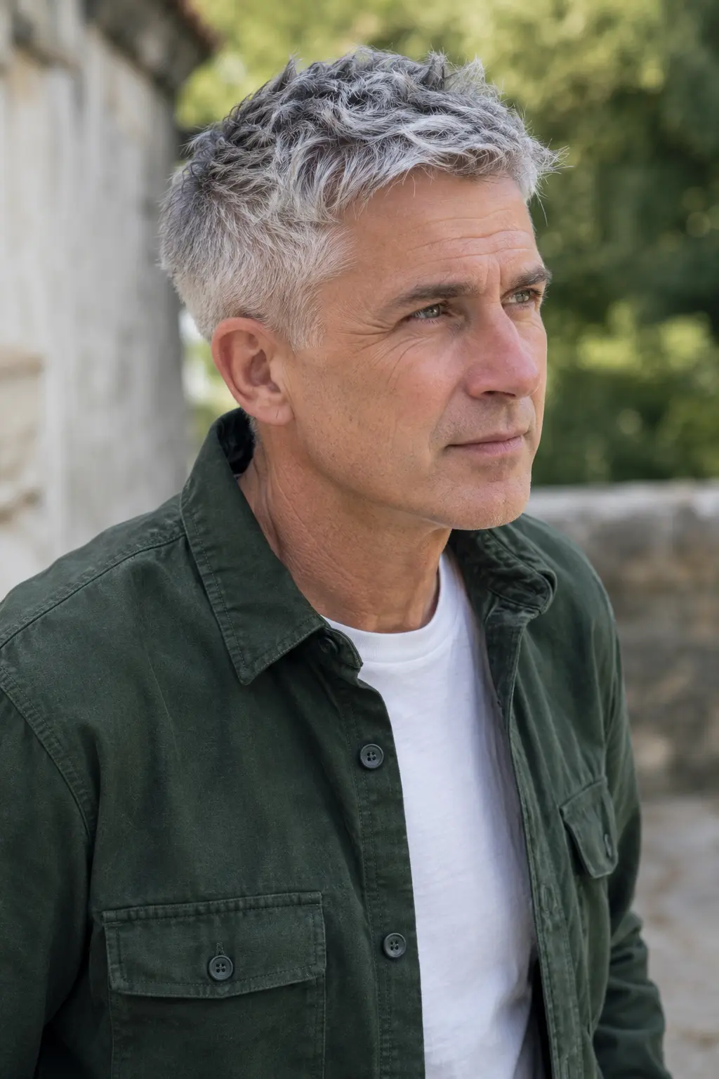 Textured silver crop for modern Hairstyles for Men Over 60 with natural gray texture.