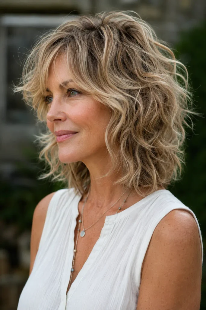 portrait of a 45-year-old woman with a soft modern wavy shag haircut, blended layers, airy crown volume, and naturally textured ends, wearing a lightweight sleeveless blouse outdoors.