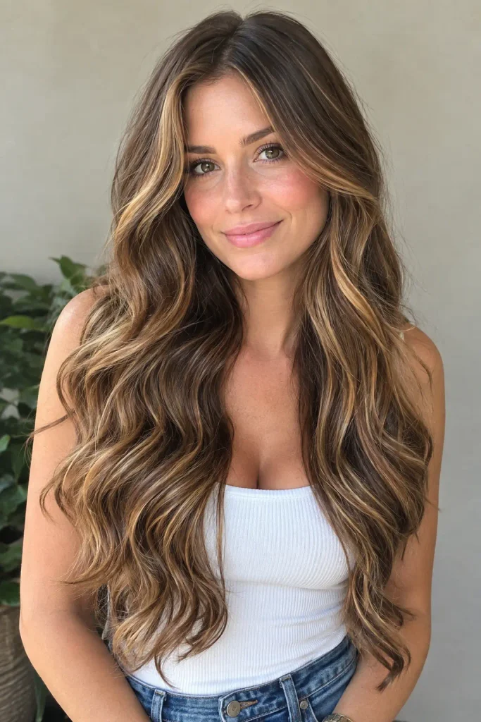 Real 28-year-old white woman with long thick brunette hair featuring warm toffee balayage, caramel and honey highlights, face-framing pieces, and loose flowing waves.