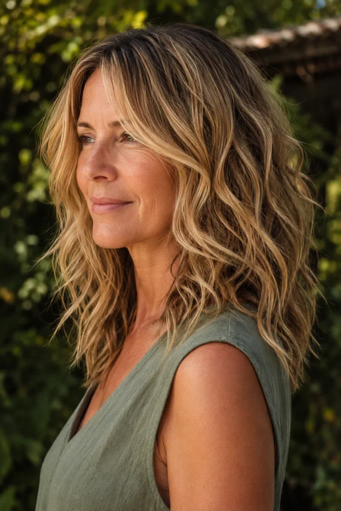 white woman in her late 40s with relaxed tousled beach waves, natural textured hair, and a sage-green sleeveless summer top outdoors.