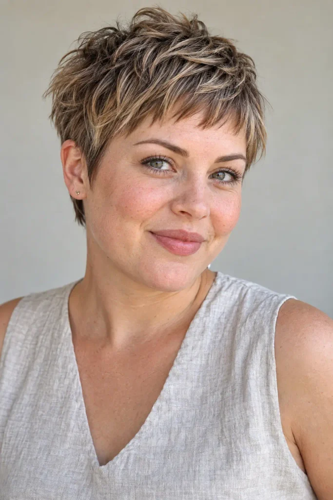 white woman in her early 30s with a round face wearing a tousled pixie haircut with micro fringe, textured crown, tapered sides, and piecey layers.