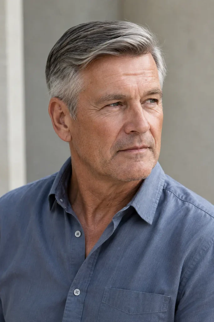 Realistic older man with a traditional salt-and-pepper comb-over haircut and neatly tapered sides.