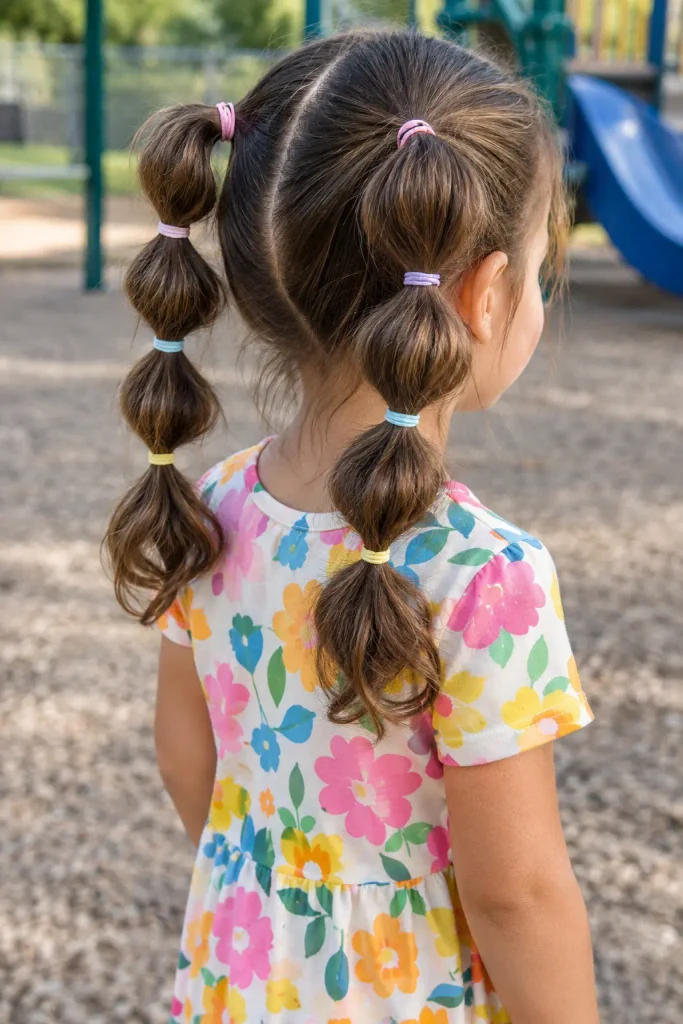 Real young girl with two playful bubble ponytails secured with colorful elastics, viewed from the rear three-quarter angle at a playground in natural daylight.
