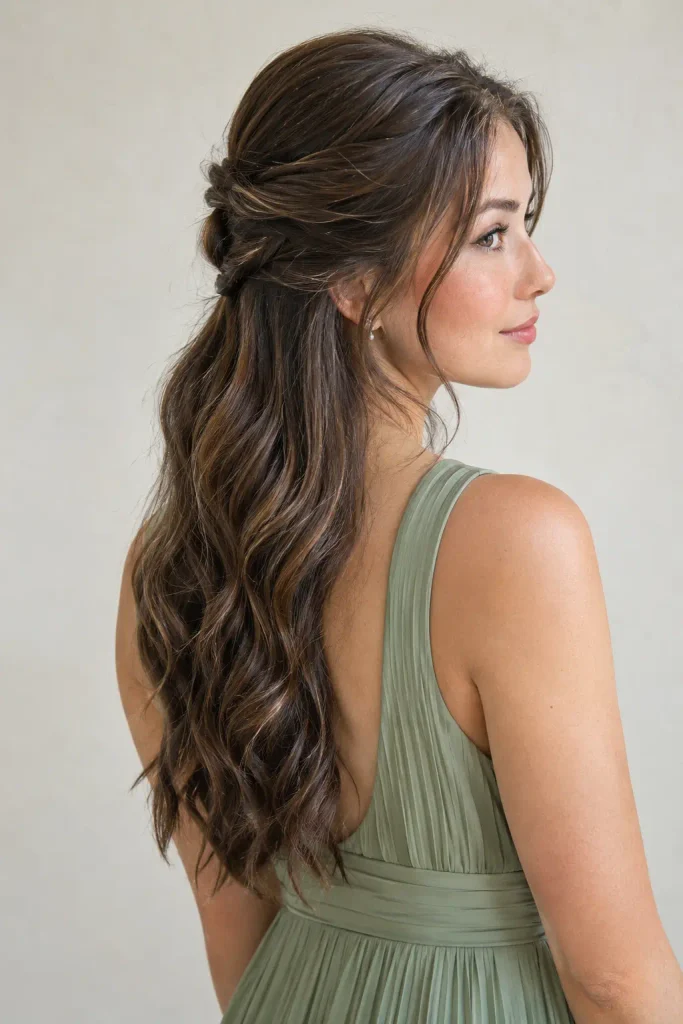 Young woman in her early 20s with long dark wavy hair styled in an elegant twisted half-up hairstyle, wearing a sage green pleated sleeveless dress, shown from a three-quarter-back angle.