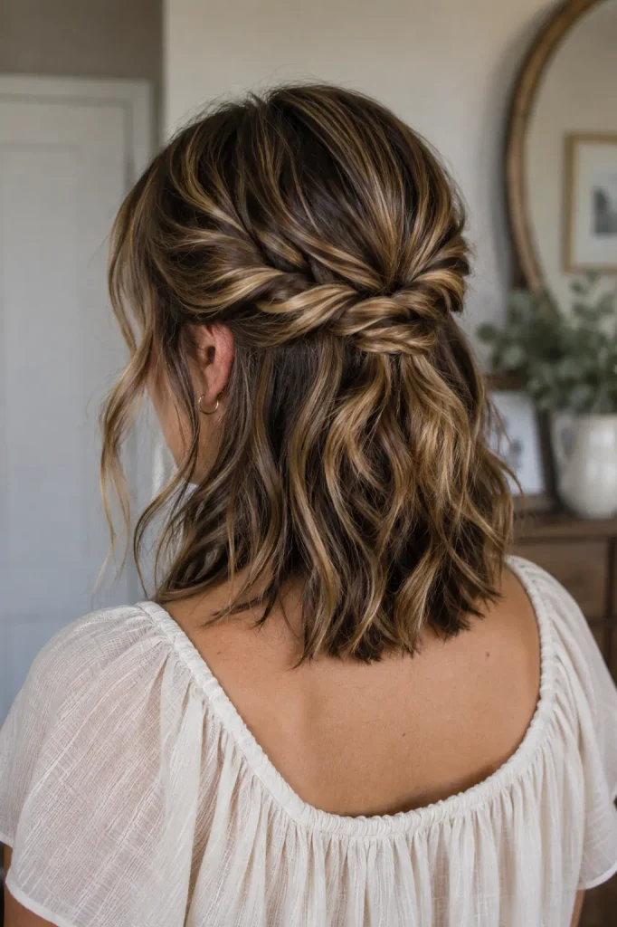a woman with medium-length wavy brown hair styled in a twisted half-up updo, featuring detailed twists, soft waves, loose face-framing strands, and natural hair movement.