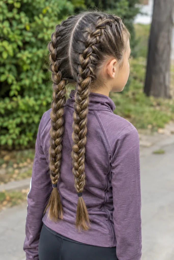 young girl with two detailed Dutch braids running from the hairline down her back, shown from a rear three-quarter angle outdoors in natural daylight, wearing a sporty zip jacket and leggings.