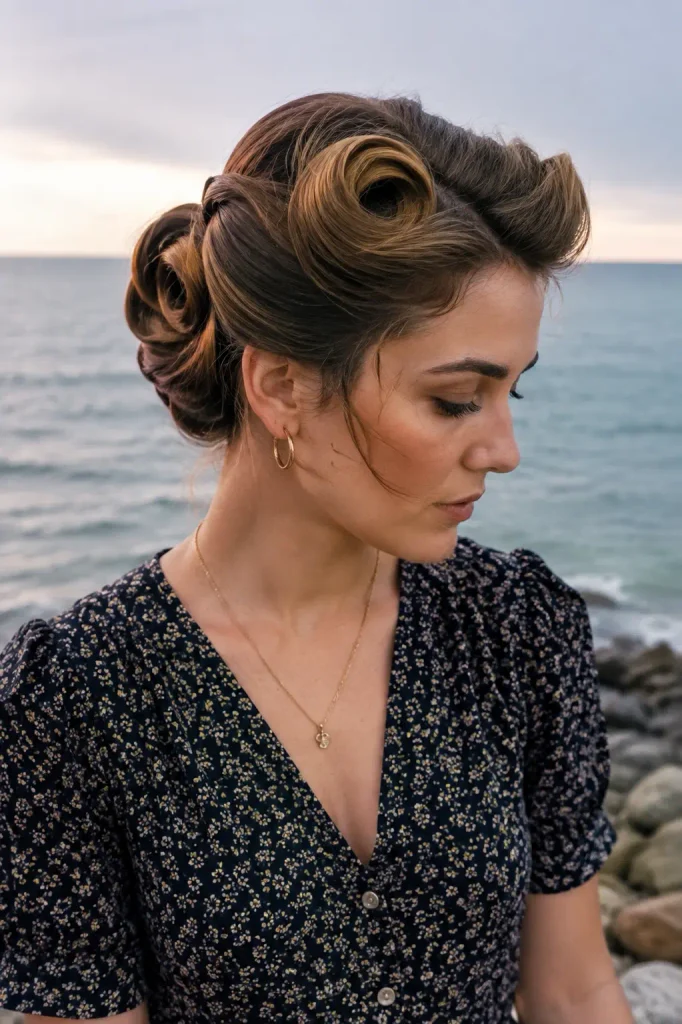 Young woman wearing a vintage rolled updo hairstyle with elegant rolled sections and soft volume, standing near the sea in a floral outfit with natural beauty and realistic hair texture.