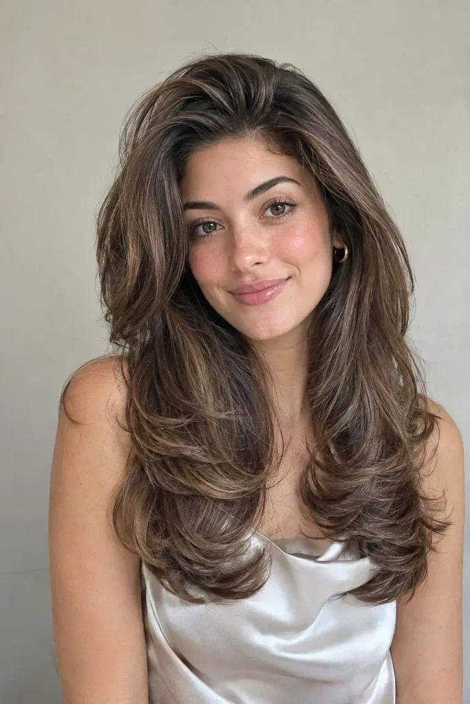 Young woman with a luxurious voluminous blowout hairstyle, lifted roots, smooth flowing layers, and rounded ends, wearing a satin sleeveless blouse