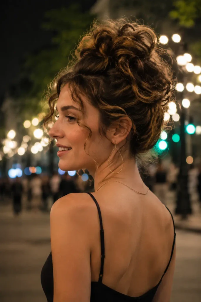 Young woman with a voluminous curly updo hairstyle featuring defined curls, soft texture, and natural loose strands, standing in a city at night with blurred lights in the background. The realistic beauty portrait highlights her elegant hairstyle, natural features, and evening outfit.