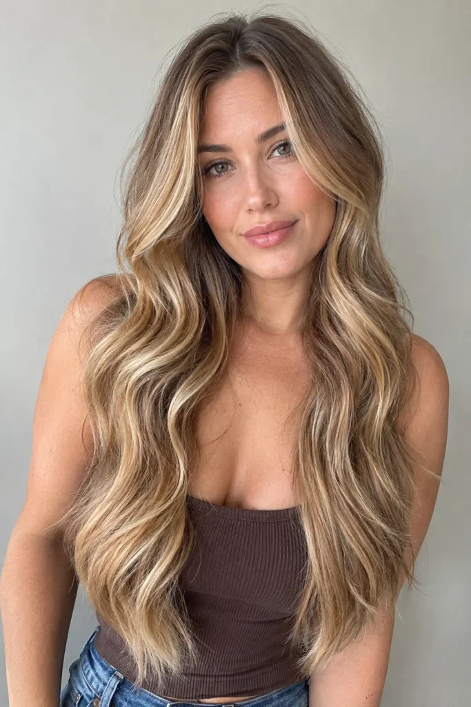 Long thick layered hair with warm beige balayage, sandy blonde, honey and subtle caramel highlights on a real white woman in her late 20s.