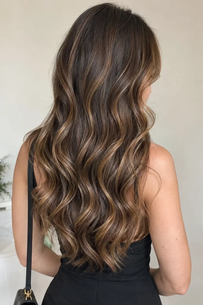 Real woman with long brunette hair featuring warm mocha balayage, caramel highlights, and soft layered waves, viewed from behind in a black fitted dress.
