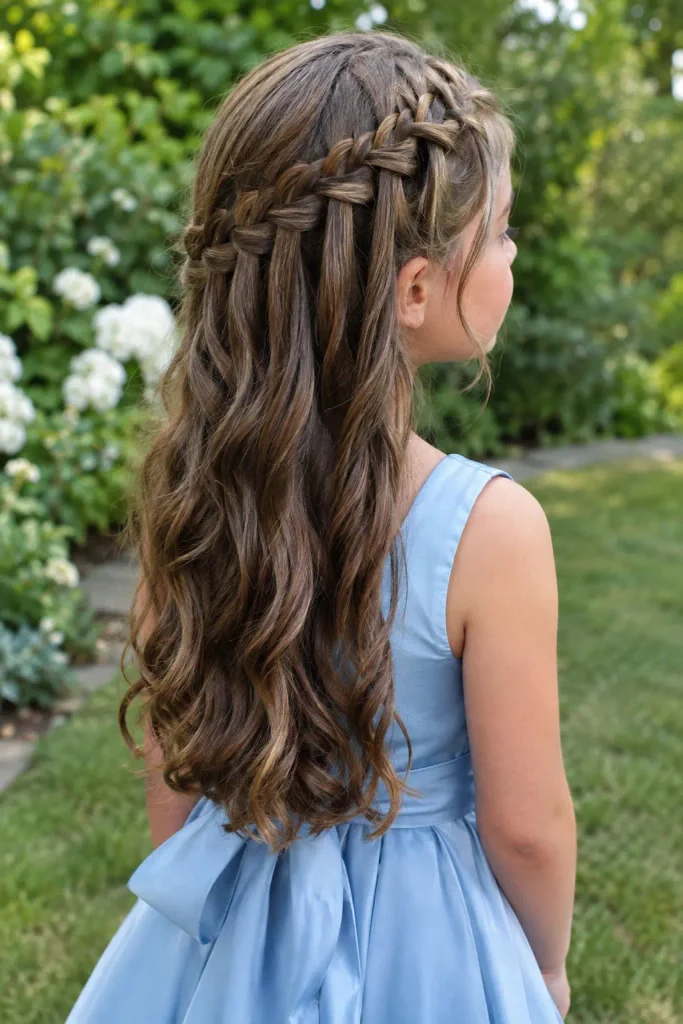 Waterfall braid hairstyle on a young girl with long naturally wavy brown hair, shown from a three-quarter rear angle in a garden setting.
