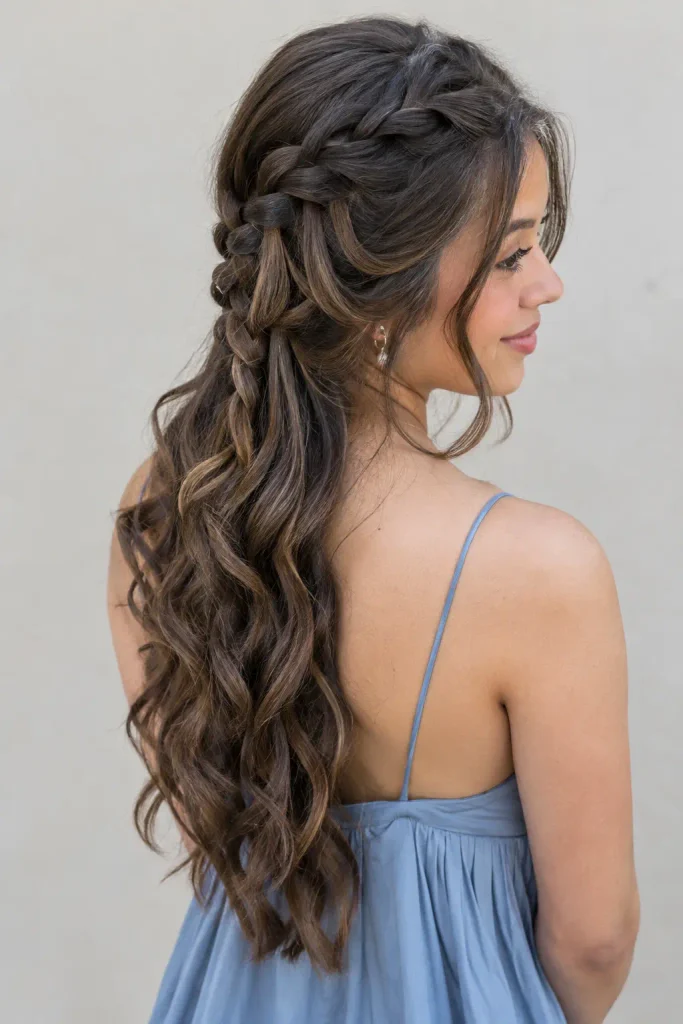 Young woman with an intricate waterfall braid flowing from the side into long, soft waves, shown from a three-quarter-back angle with natural hair texture and a sleeveless blue dress.