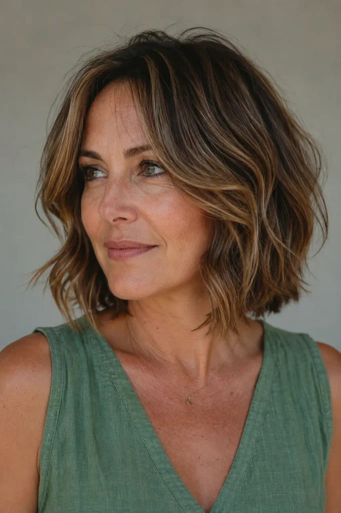 a white woman in her mid-to-late 40s with a softly waved bob haircut and delicate face-framing layers, wearing a green sleeveless top, natural skin texture, and a relaxed everyday appearance.