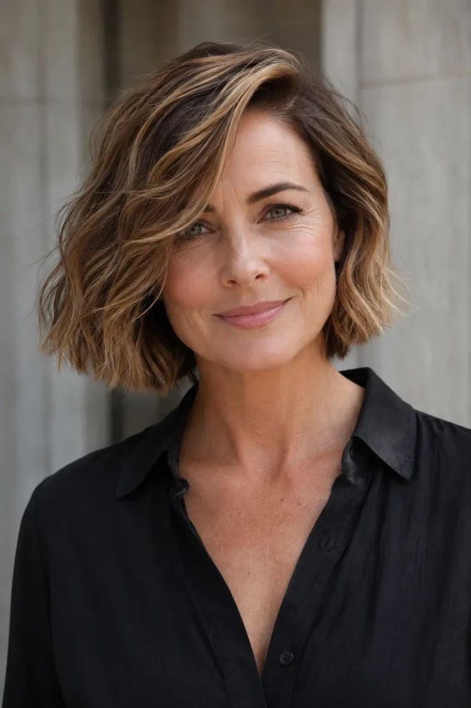 Photorealistic white woman in her 40s with a soft chin-length wavy bob and deep side part, wearing a black shirt in natural daylight.
