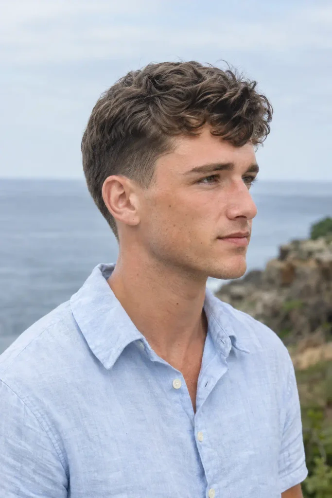 Photorealistic young white man with a wavy crew cut and naturally textured short brown hair, wearing a pale blue linen shirt outdoors by the coast.