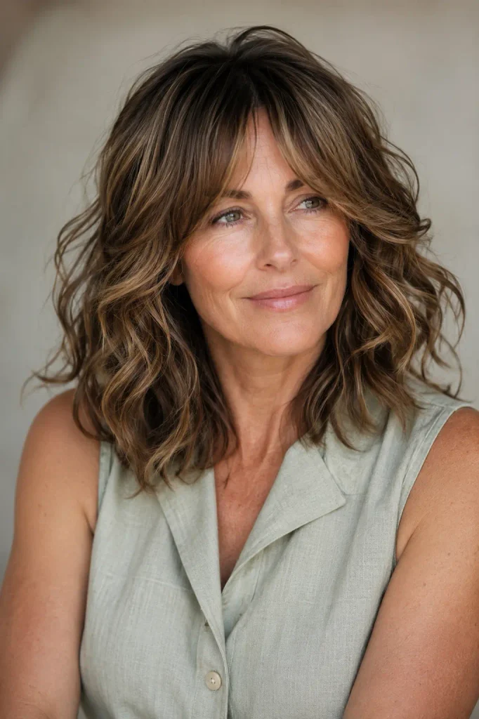 white woman aged 44–49 with medium-length soft waves and blended curtain bangs framing her forehead and cheekbones, shown in a close three-quarter portrait with natural skin texture and a light linen sleeveless blouse.