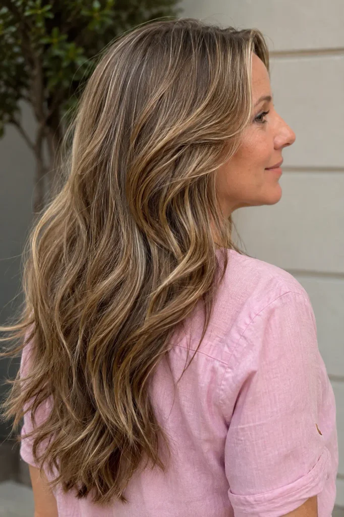 Photorealistic mid-40s woman with long layered hair styled in soft flowing waves, shown from a three-quarter rear-side angle, wearing a pink shirt in natural daylight against a neutral background.
