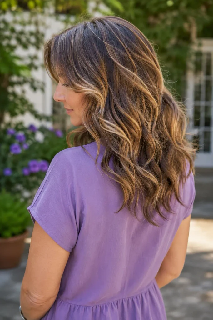 woman in her mid-40s with long, soft waves and natural beige-blonde balayage highlights, wearing a purple top in a sunlit garden, shown from a three-quarter rear-side view.