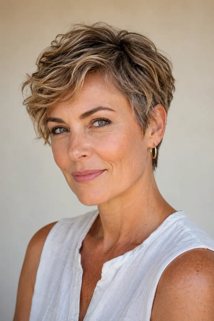 a white woman in her early-to-mid 40s with a short wavy pixie bob, soft textured waves on top, neatly shaped shorter sides, and natural hair texture, wearing a sleeveless linen blouse in natural daylight.