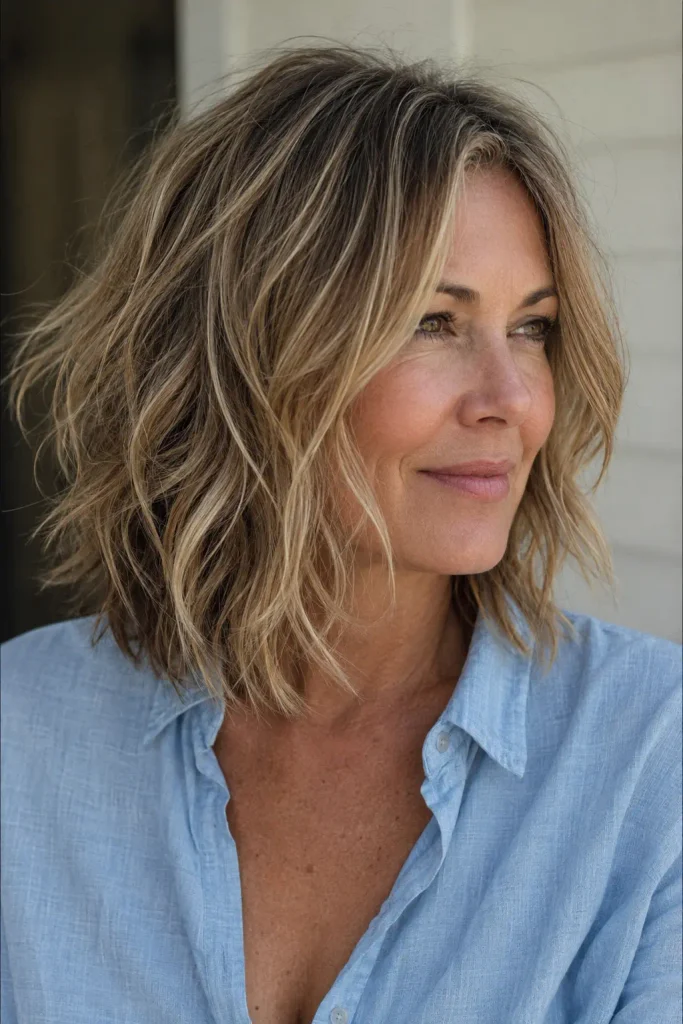 white woman around 45 with a collarbone-length shaggy lob, soft natural waves, airy blended layers, subtle crown texture, relaxed ends, and a light-blue linen shirt, shown in a three-quarter view against a neutral background.