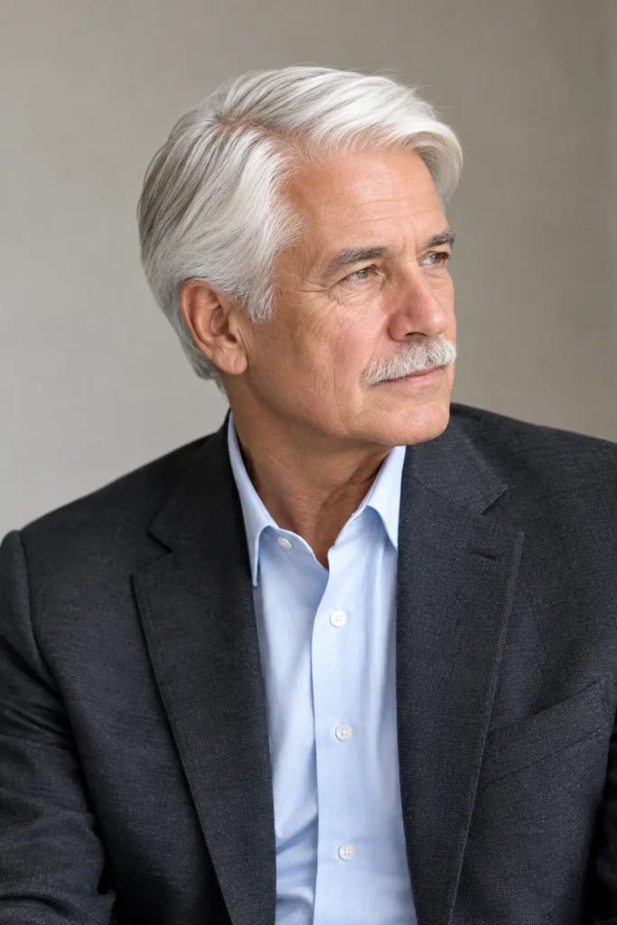 White side-slicked hairstyle from polished Hairstyles for Men Over 60.
